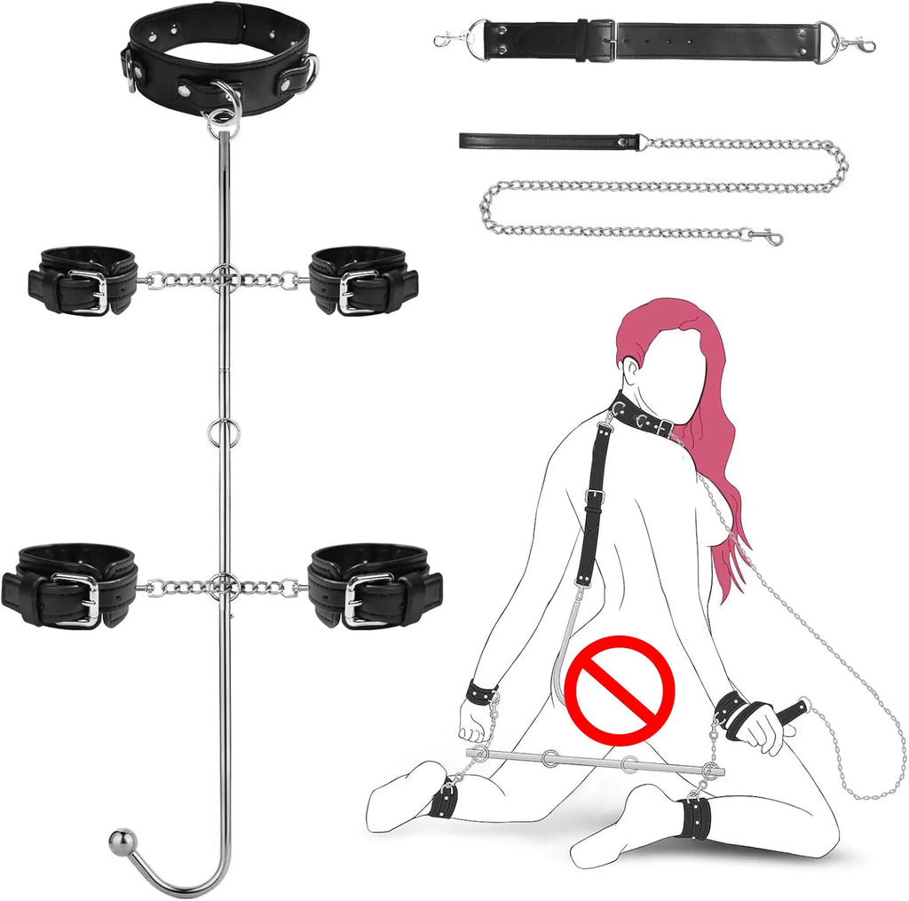 Anal Hook Sex Bondage BDSM Kit Bed Restraints Set with Traction Chain Slave Straps with Handcuff Collar Ankle Cuffs SM Game Play