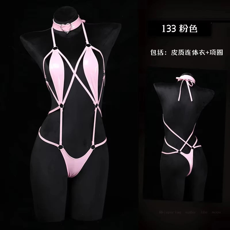 Anime Cosplay Girls Halter Leather Swimsuit Cross Straps Bandage Jumpsuit Bodysuit Lingerie Costumes Hollow Out Pajamas cosplay