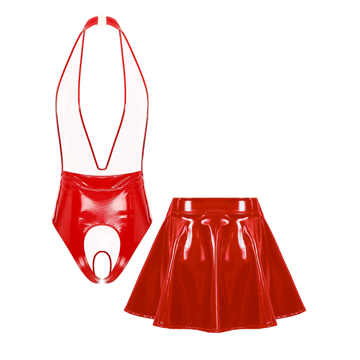 Sissy Women Leather Lingerie Set Halter Sleeveless Crotch Opening Bodysuit with Mini Skirt Set for Lingerie Tempting Nightwear