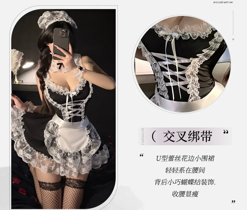 Japanese Lace Anime Cosplay Costume High Quality Black White Maid Outfit Apron Dress Cute Sexy Lingerie Couple Games Sex Uniform